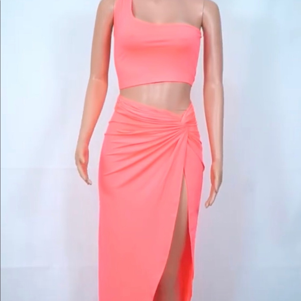 Neon Pink Crop Top and Maxi Skirt Set